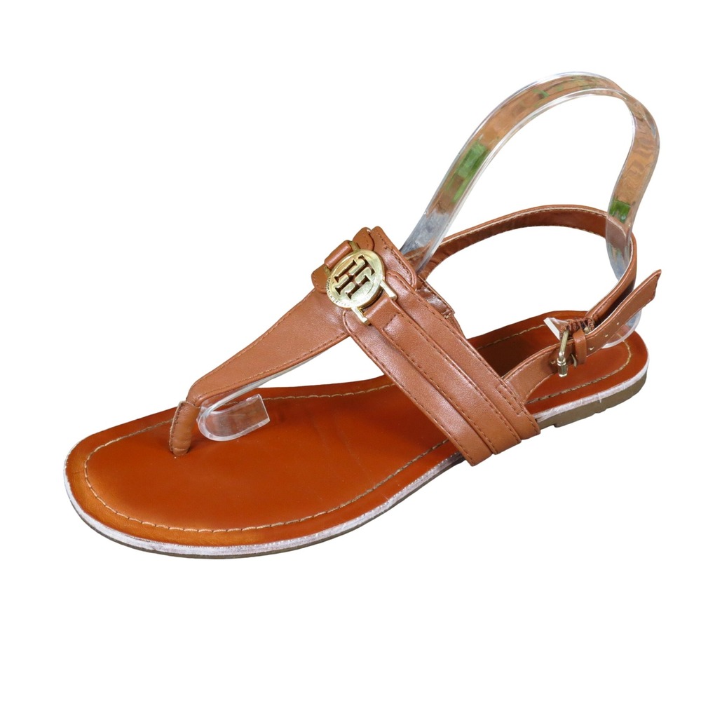Tommy Hilfiger Womens T-Strap Thong Sandals Size 8M Summer Cognac Tan Gold Logo